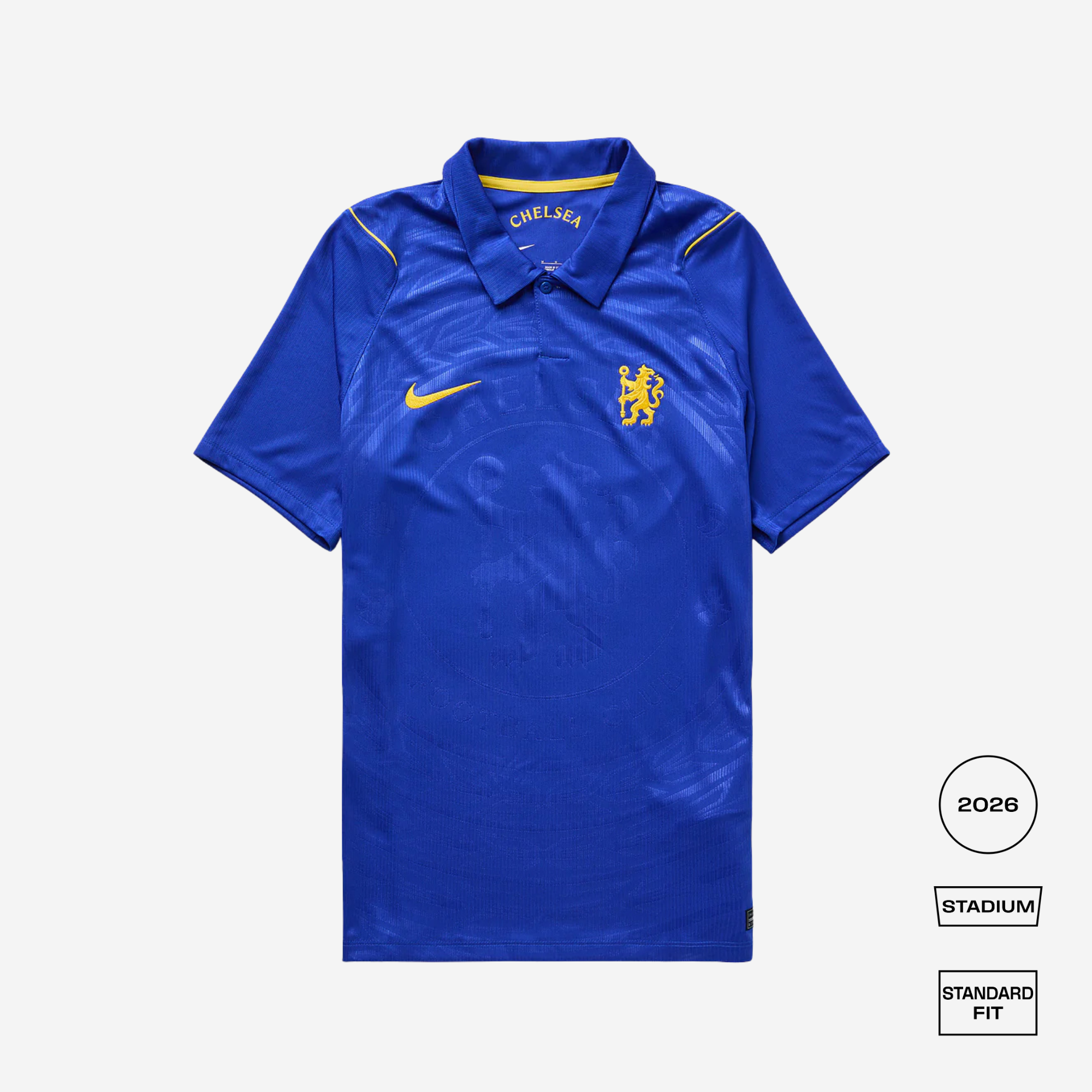 Blue sports jersey with Nike and Chelsea logos on a white background