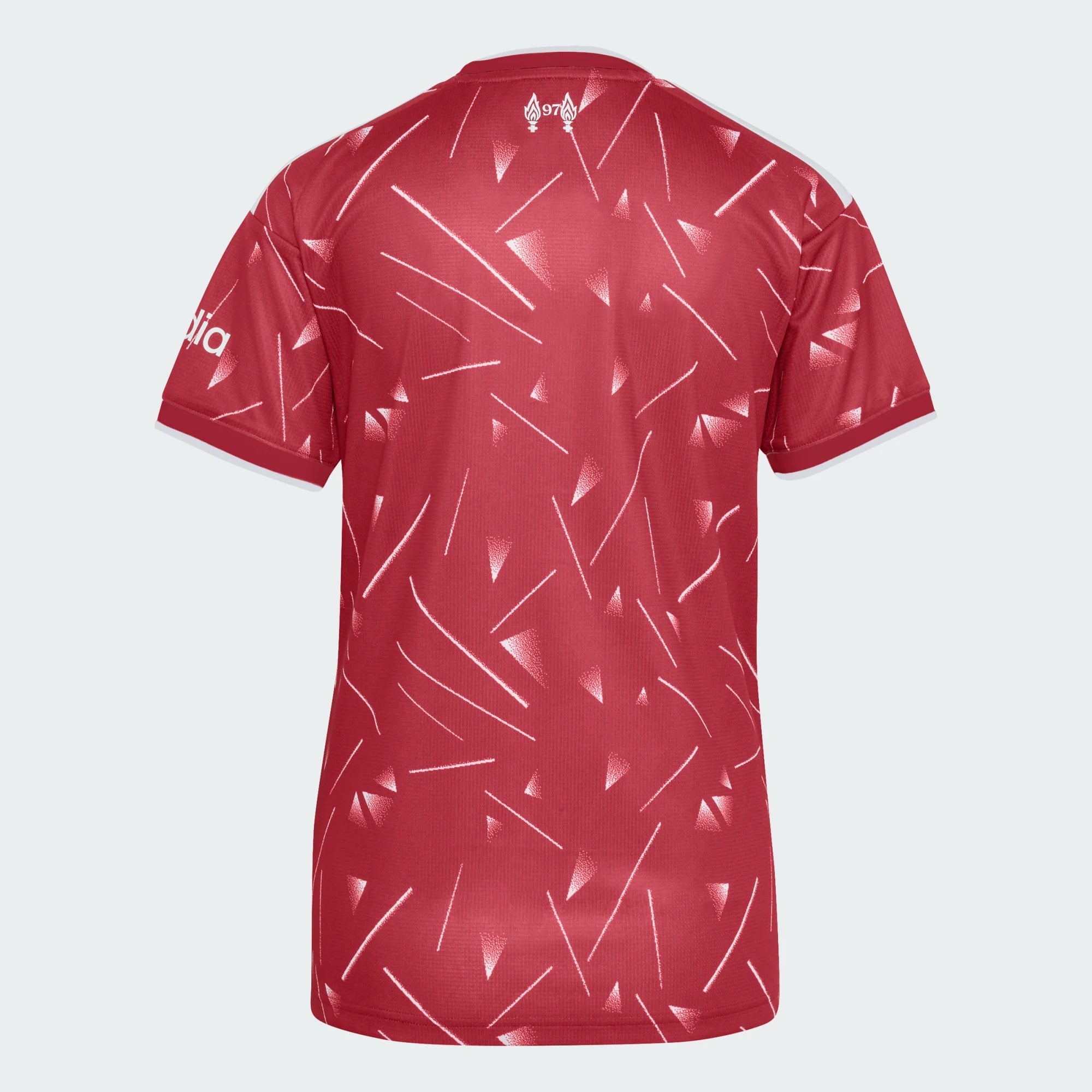 Red sports jersey with geometric pattern on a white background