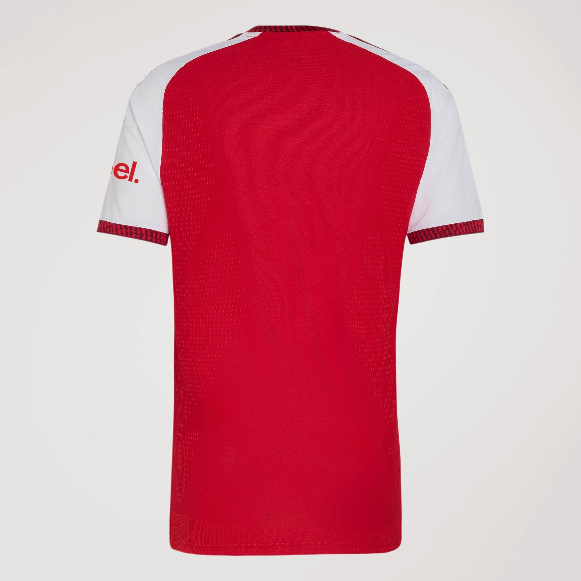 Red sports jersey with white sleeves on a light gray background